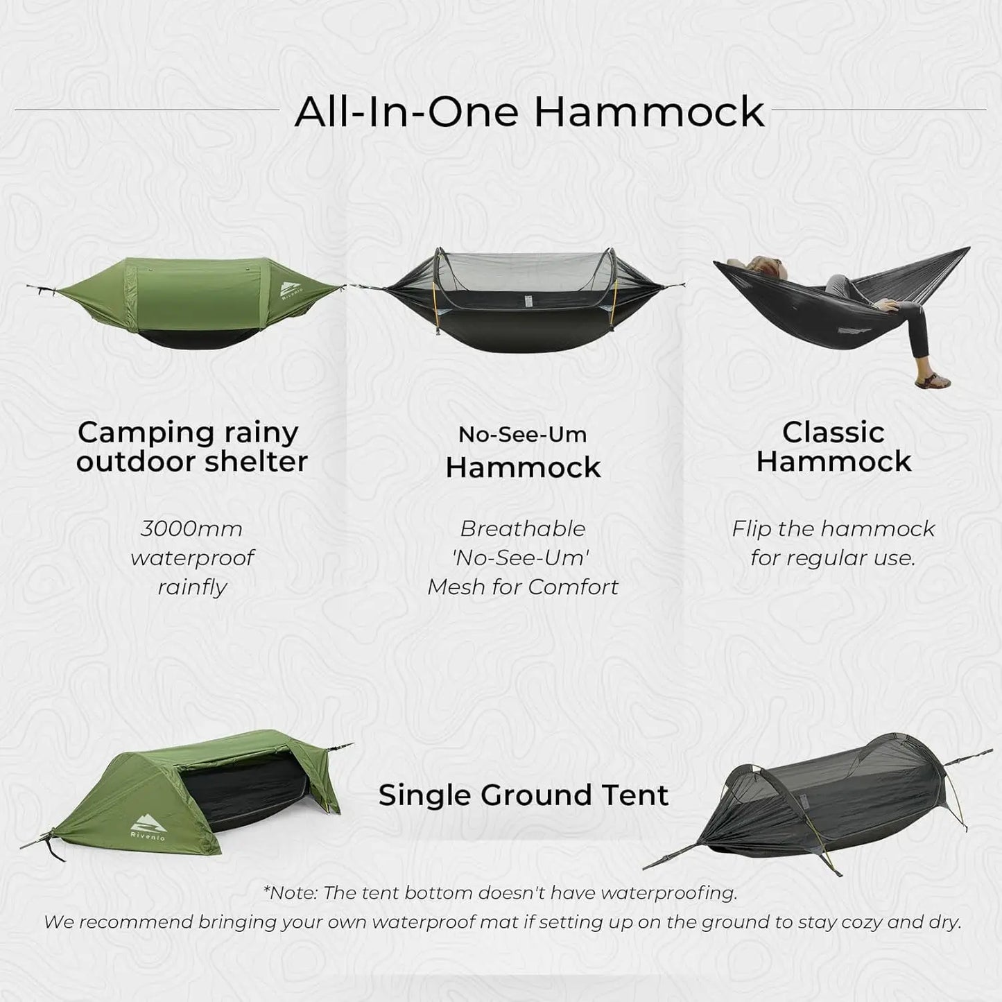 3-in-1 Waterproof Camping Hammock with Mosquito Net & Rainfly, Lightweight Portable Outdoor Gear for Hiking