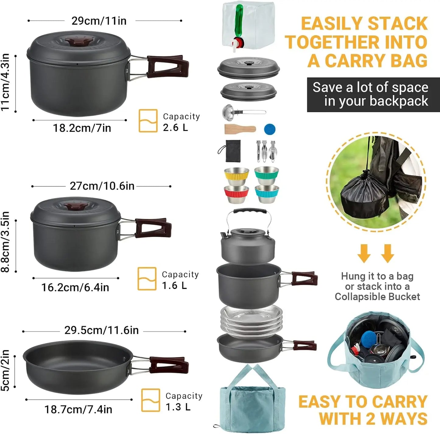 24-Piece Lightweight Camping Cookware Set for Family Hiking, Picnic - Pots, Pan, Kettle, Bowls & Utensils