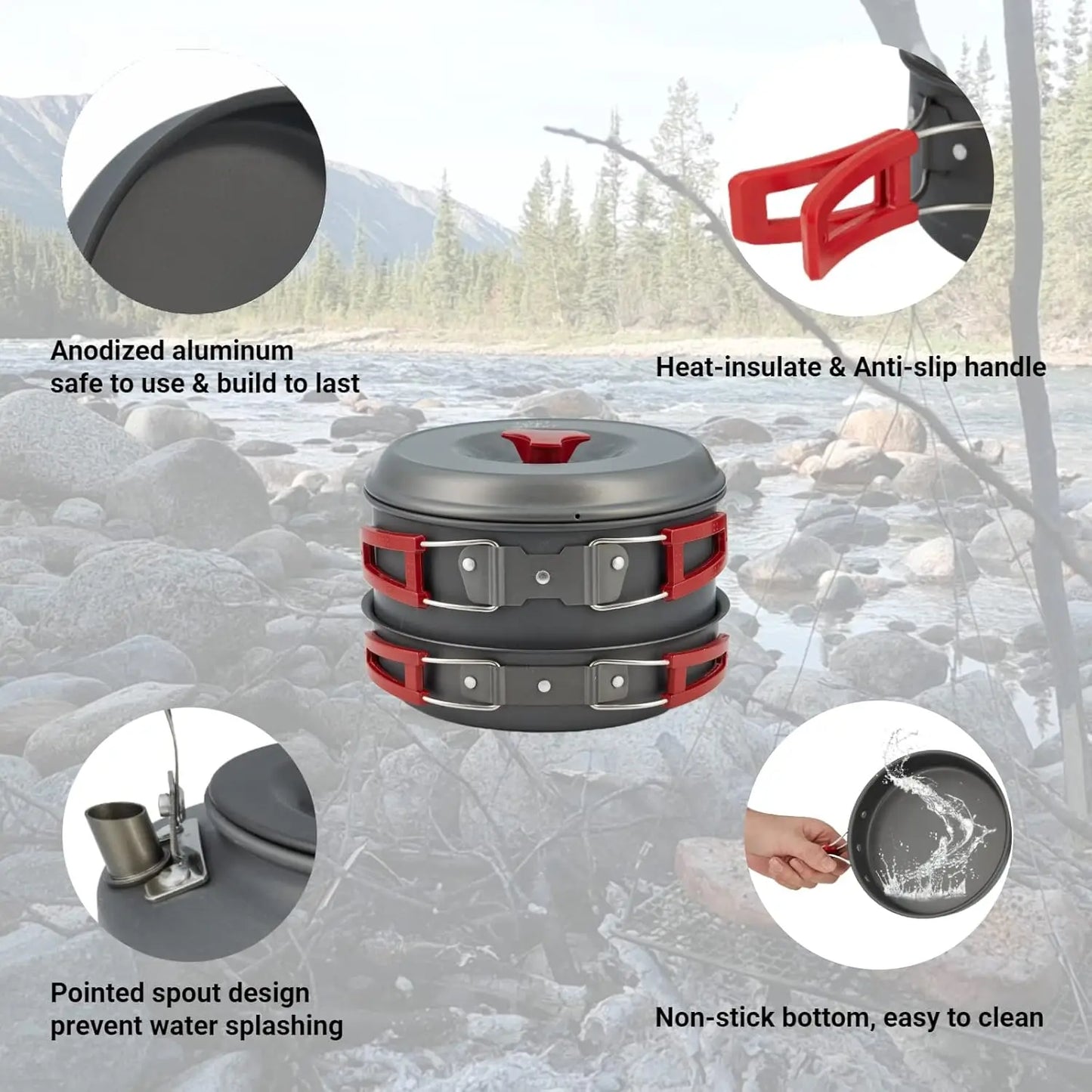 24-Piece Lightweight Camping Cookware Set for Family Hiking, Picnic - Pots, Pan, Kettle, Bowls & Utensils